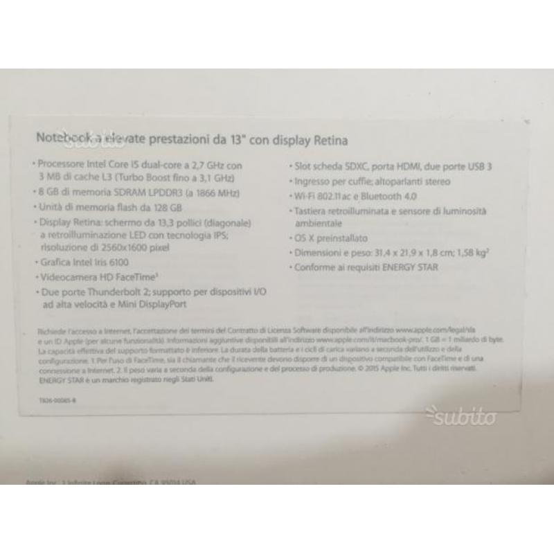 MacBook Pro 13 2015 display retina garanzia 5 anni